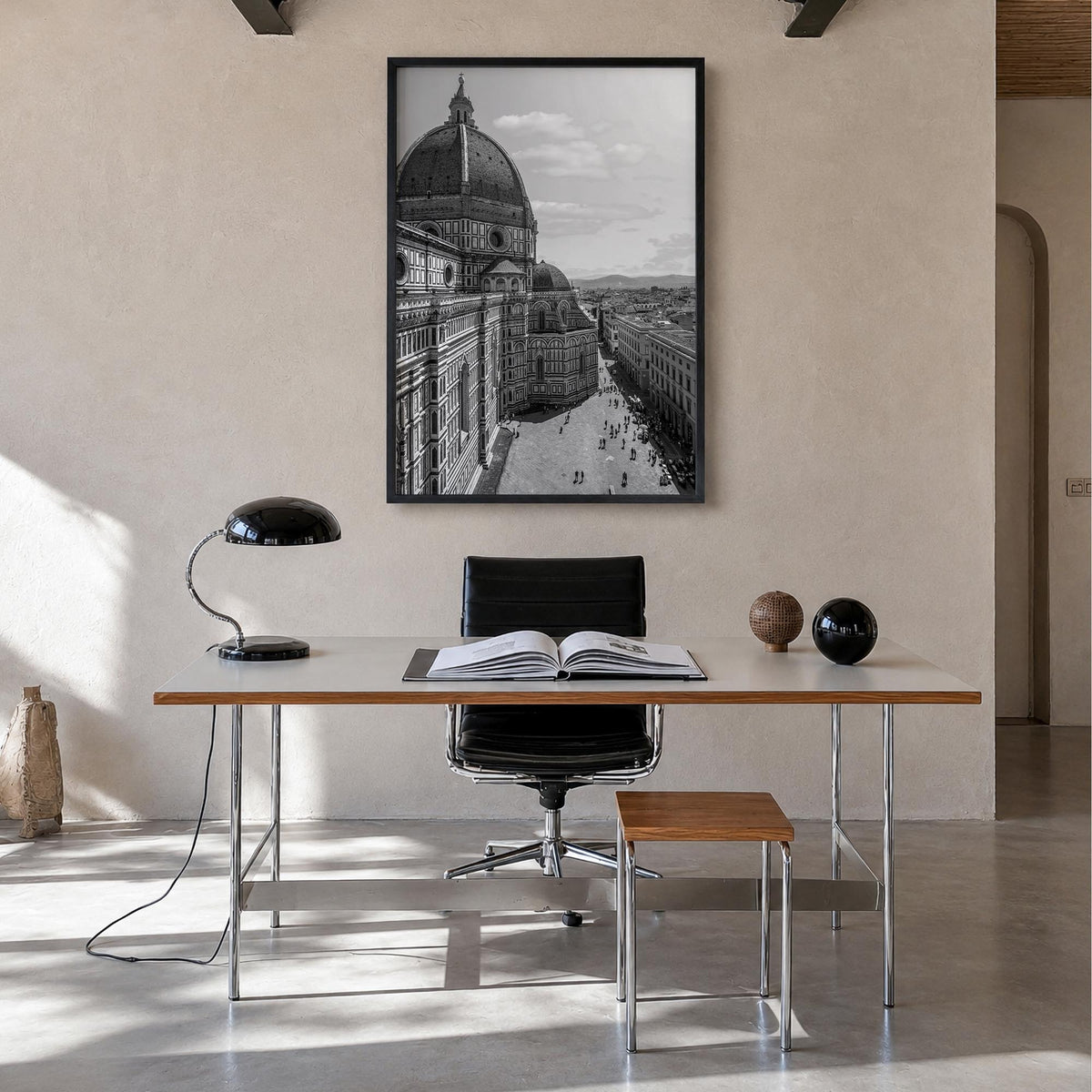 Florence no. 2 black & white photo poster of Italy – vertical wall art in black wood frame, hanging on wall