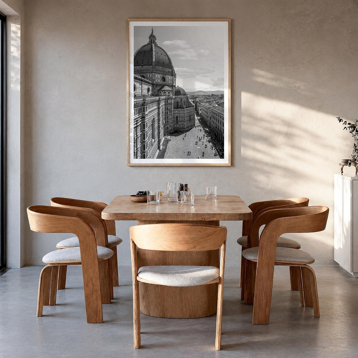 Florence no. 2 black & white photo poster of Italy – vertical wall art in natural wood frame with white border, hanging on wa
