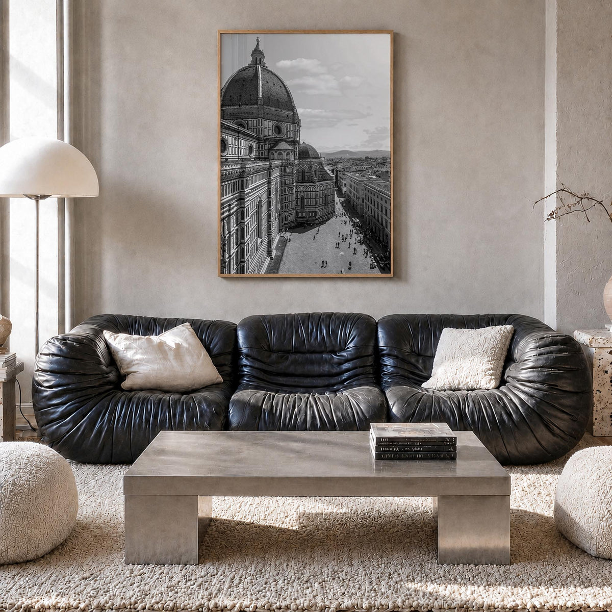 Florence no. 2 black & white photo poster of Italy – vertical wall art in natural wood frame, hanging on wall