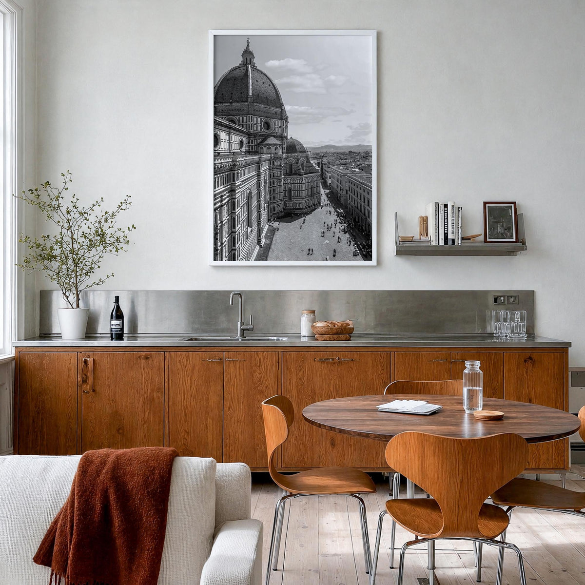 Florence no. 2 black & white photo poster of Italy – vertical wall art in white wood frame, hanging on wall