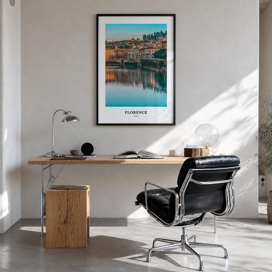 Florence no. 2 colorful classic poster of Italy – vertical wall art in black wood frame, hanging on wall
