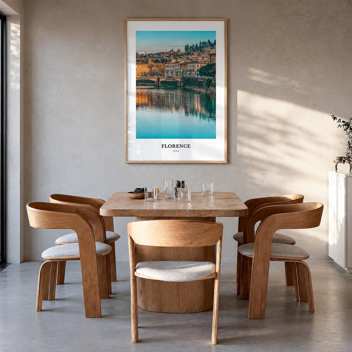 Florence no. 2 colorful classic poster of Italy – vertical wall art in natural wood frame, hanging on wall