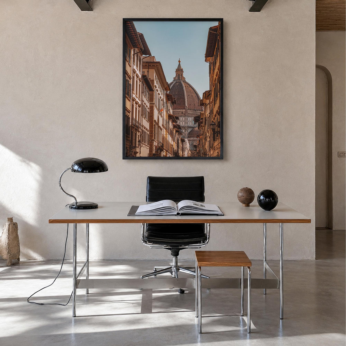 Florence no. 2 colorful photo poster of Italy – vertical wall art in black wood frame, hanging on wall