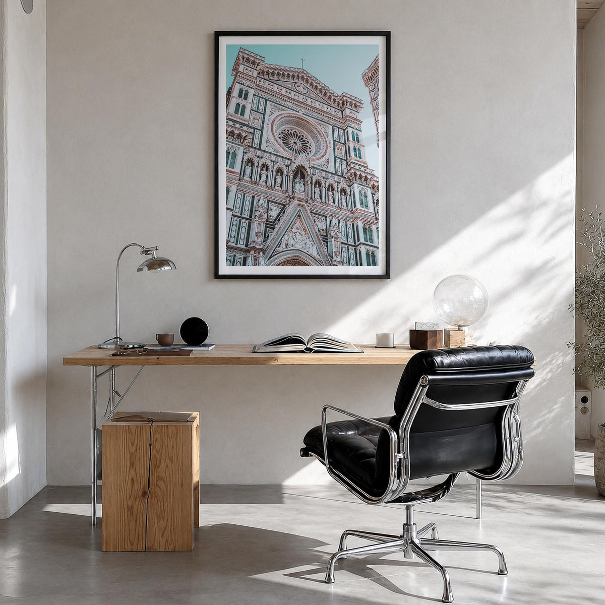 Florence no. 3 colorful photo poster of Italy – vertical wall art in black wood frame with white border, hanging on wall