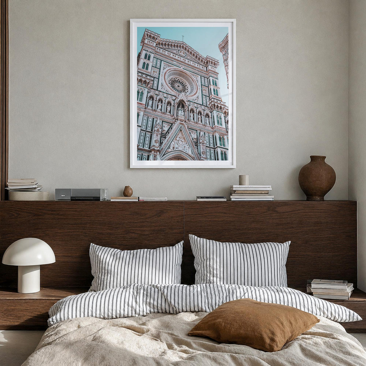 Florence no. 3 colorful photo poster of Italy – vertical wall art in white wood frame with white border, hanging on wall
