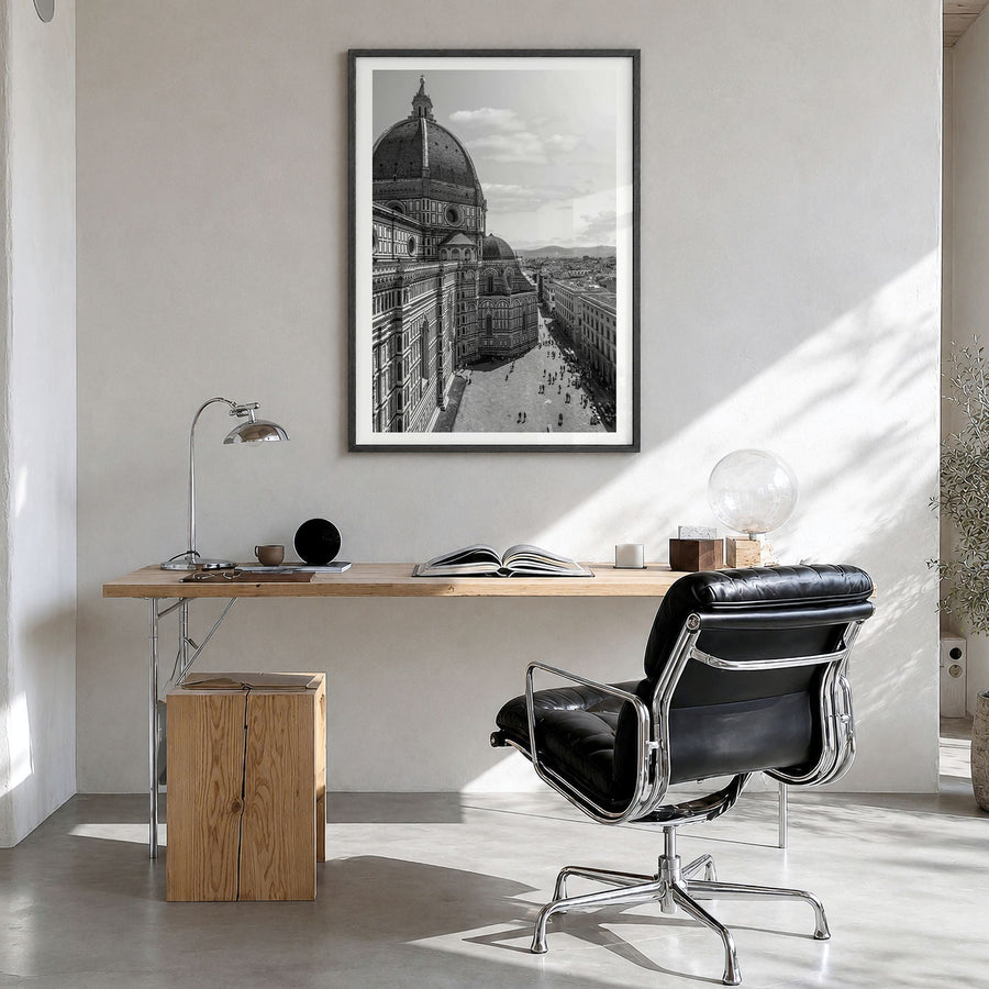Florence Photo No 2 Poster in a black wood frame, hanging in a bright home office, white border