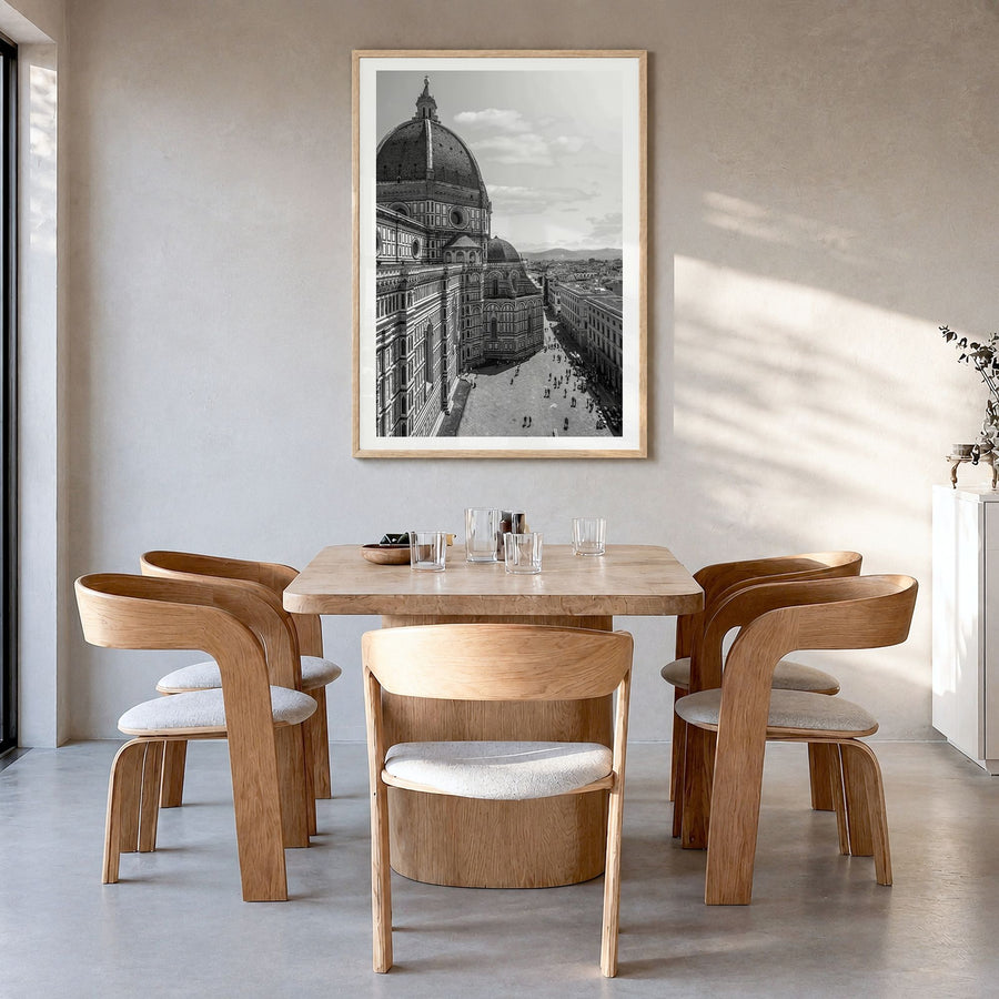 Florence Photo No 2 Poster in a natural wood frame, hanging in a dining room, white border