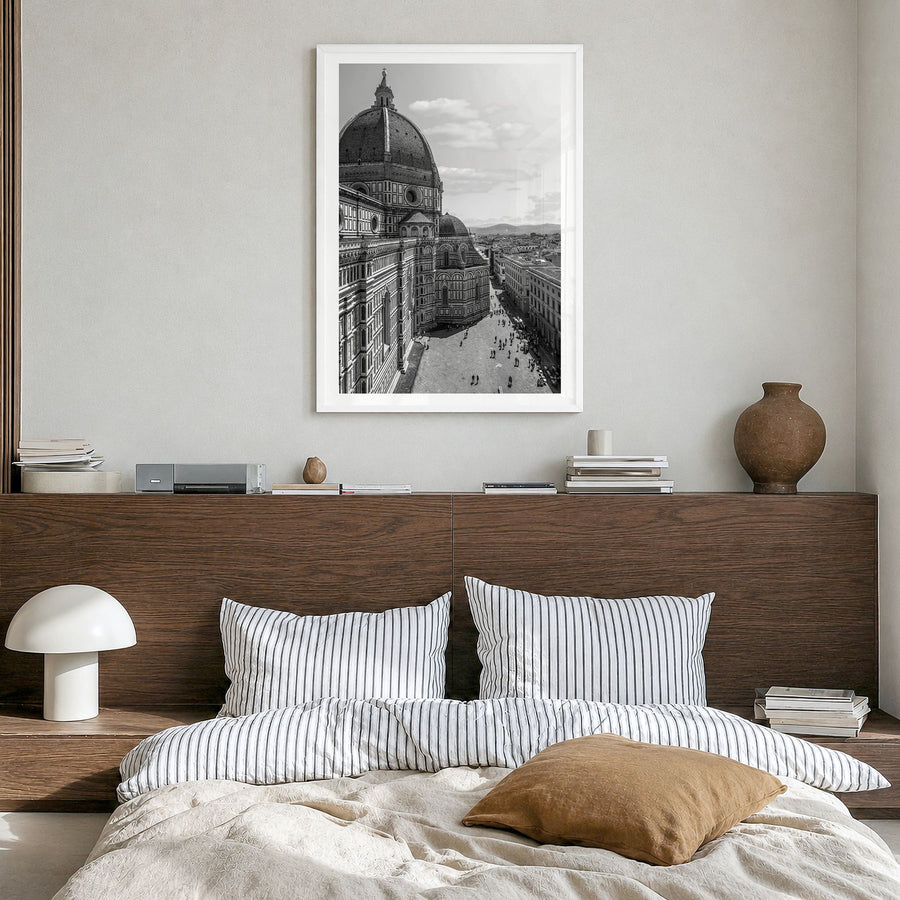 Florence Photo No 2 Poster in a white wood frame, hanging in a bedroom, white border