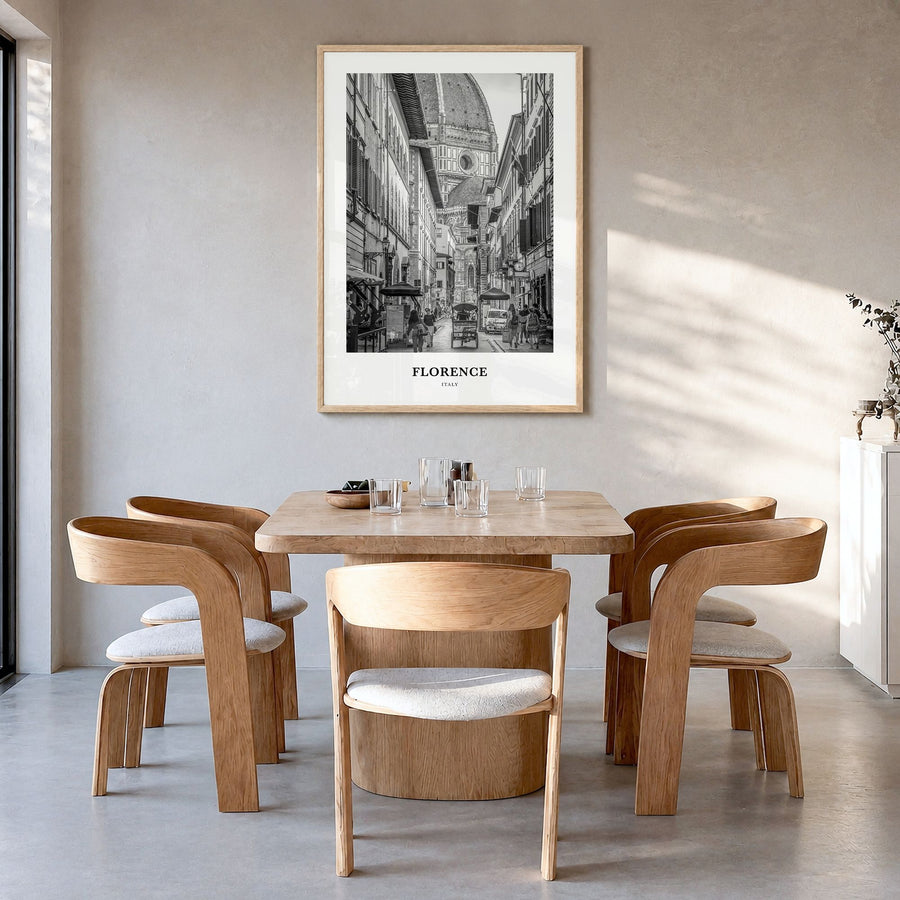 Florence Classic No 2 Poster in a natural wood frame, hanging in a dining room