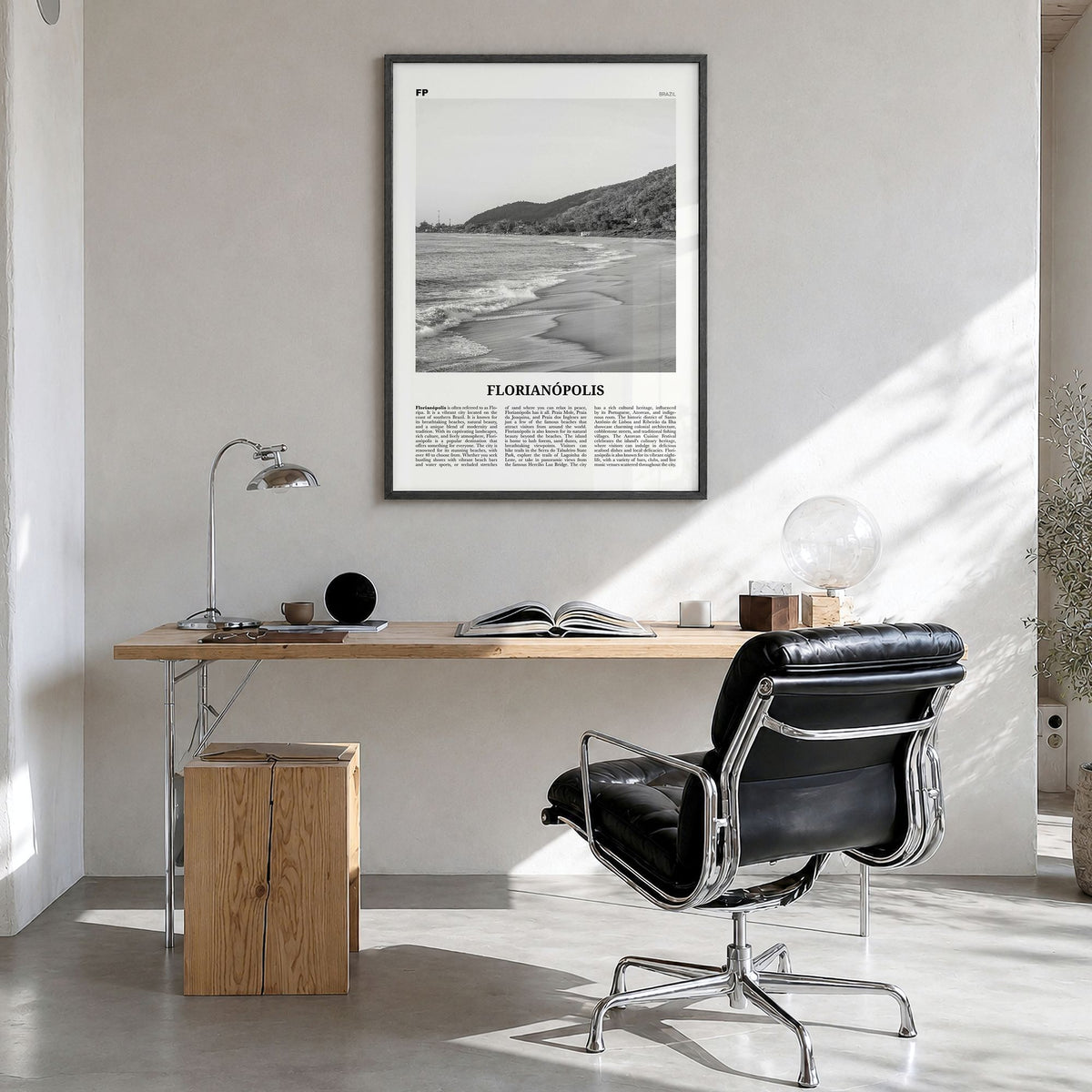 Florianópolis Newspaper Poster in a black wood frame, hanging in a bright home office