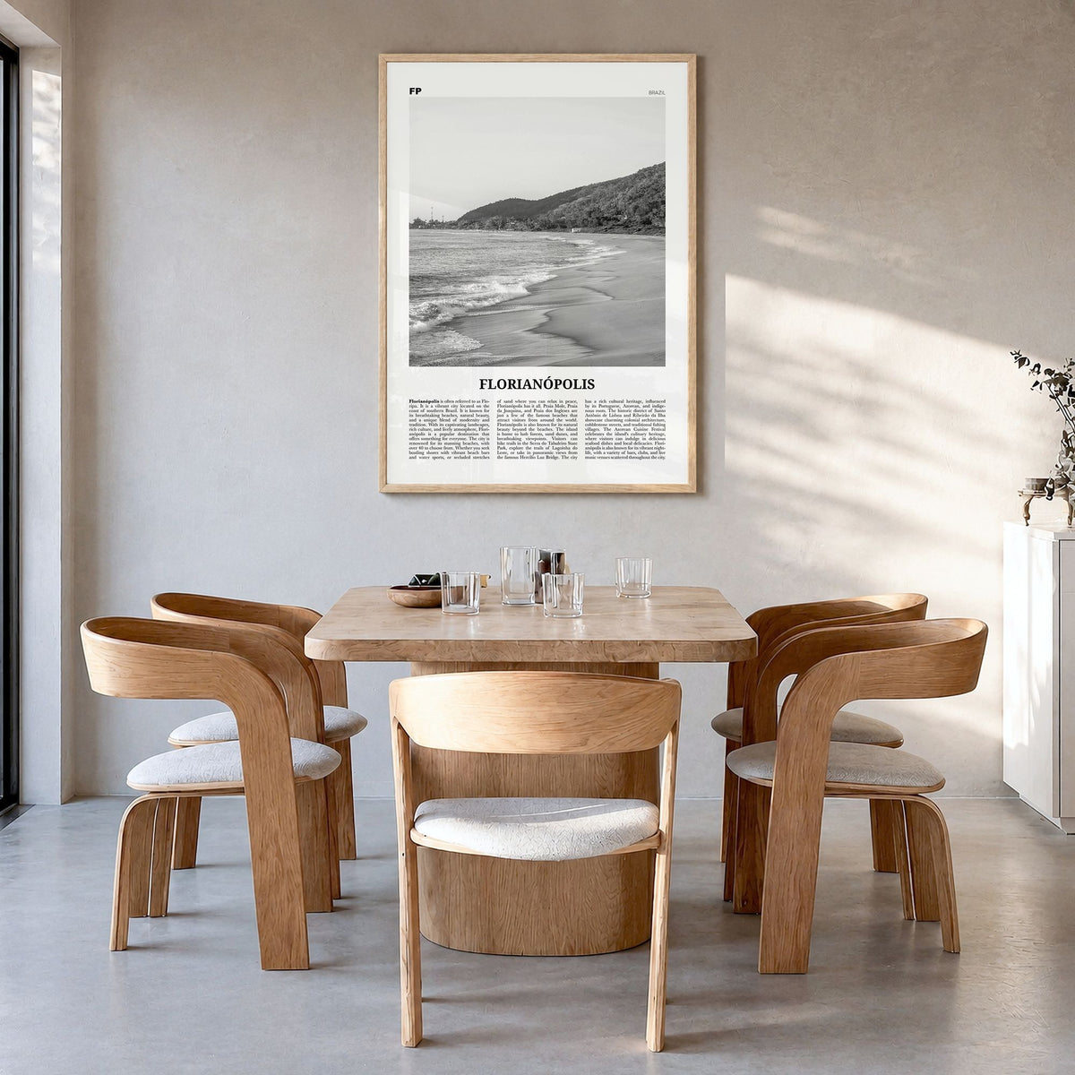 Florianópolis Newspaper Poster in a natural wood frame, hanging in a dining room