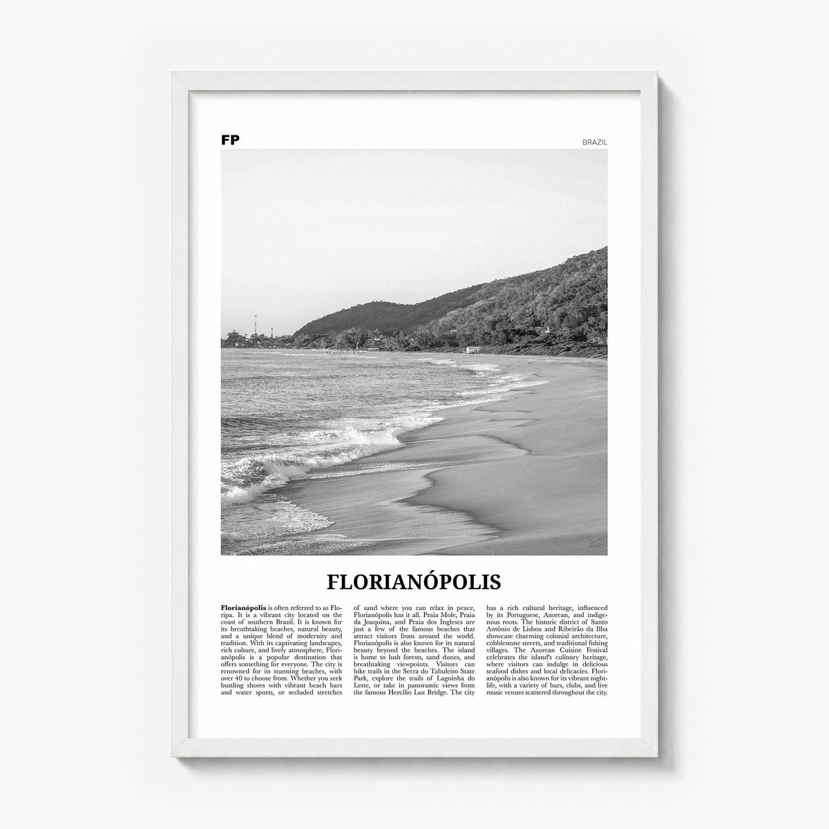 Florianópolis Newspaper Poster in a white wood frame