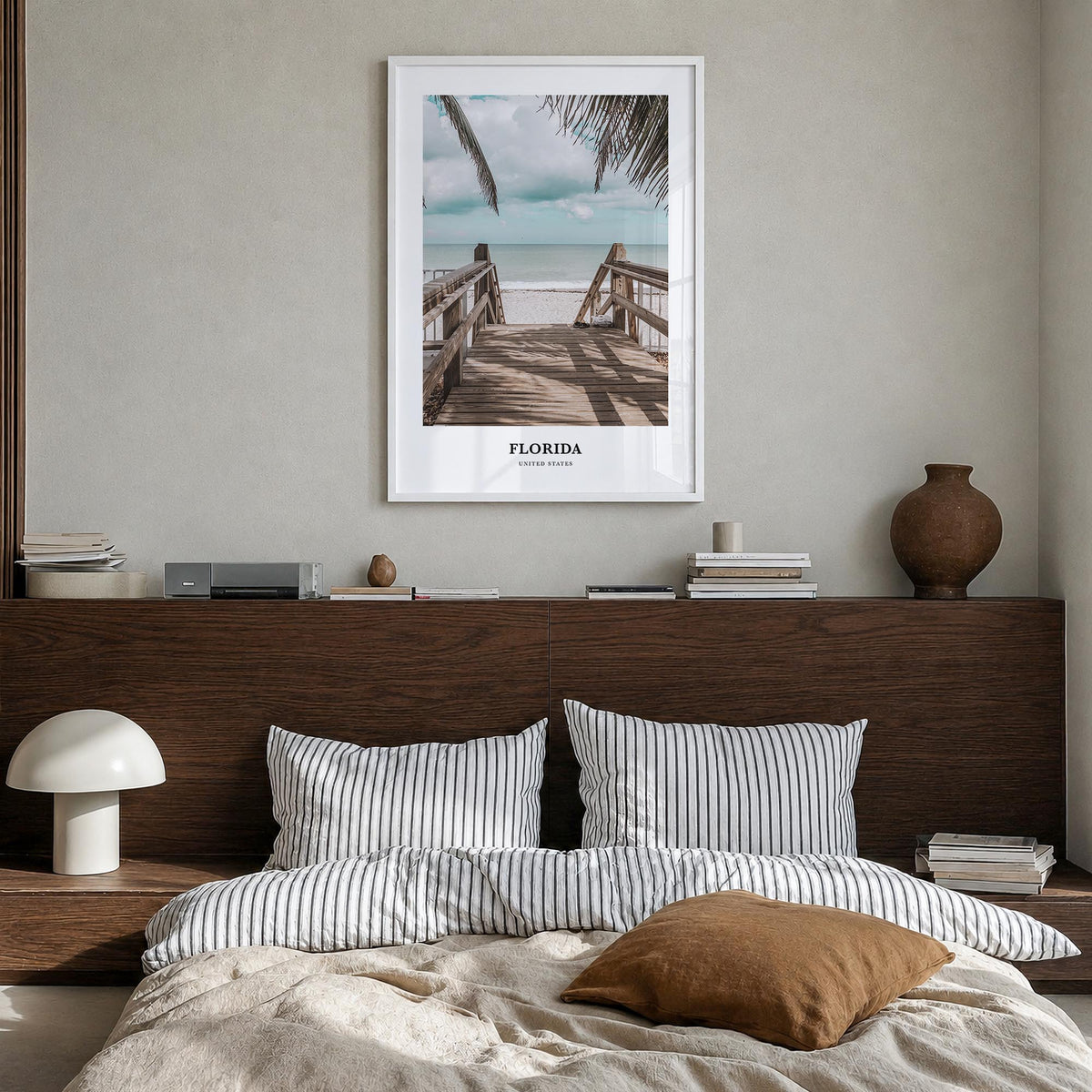 Florida colorful classic poster of United States – vertical wall art in white wood frame, hanging on wall