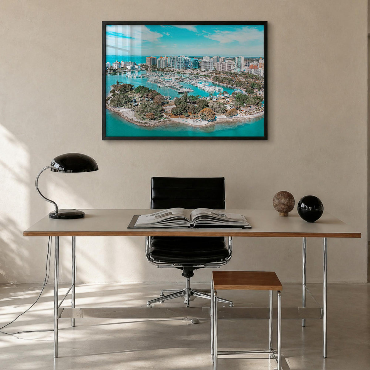 Florida colorful photo poster of United States – horizontal wall art in black wood frame, hanging on wall