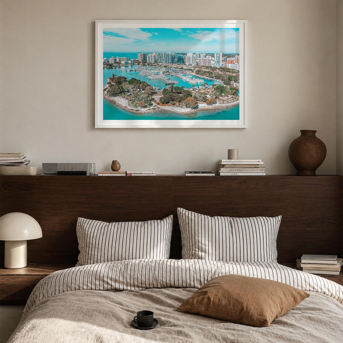 Florida colorful photo poster of United States – horizontal wall art in white wood frame with white border, hanging on wall