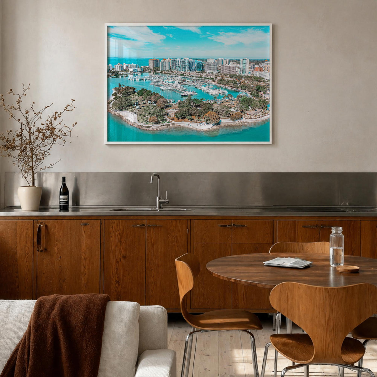 Florida colorful photo poster of United States – horizontal wall art in white wood frame, hanging on wall