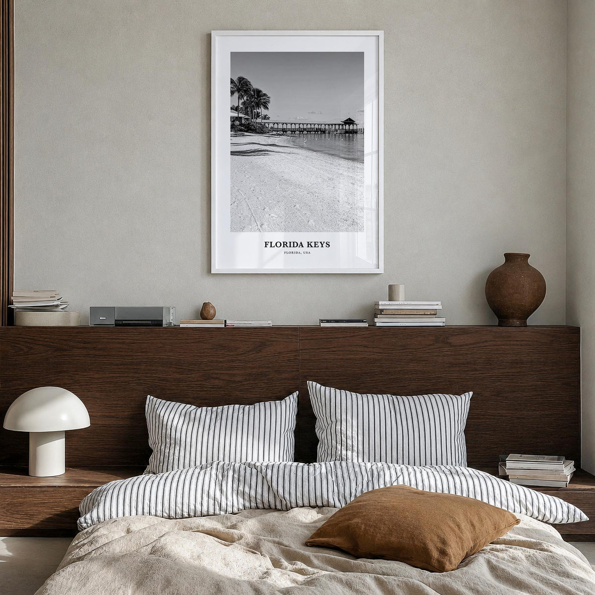 Florida Keys black & white classic poster of Florida, USA – vertical wall art in white wood frame, hanging on wall