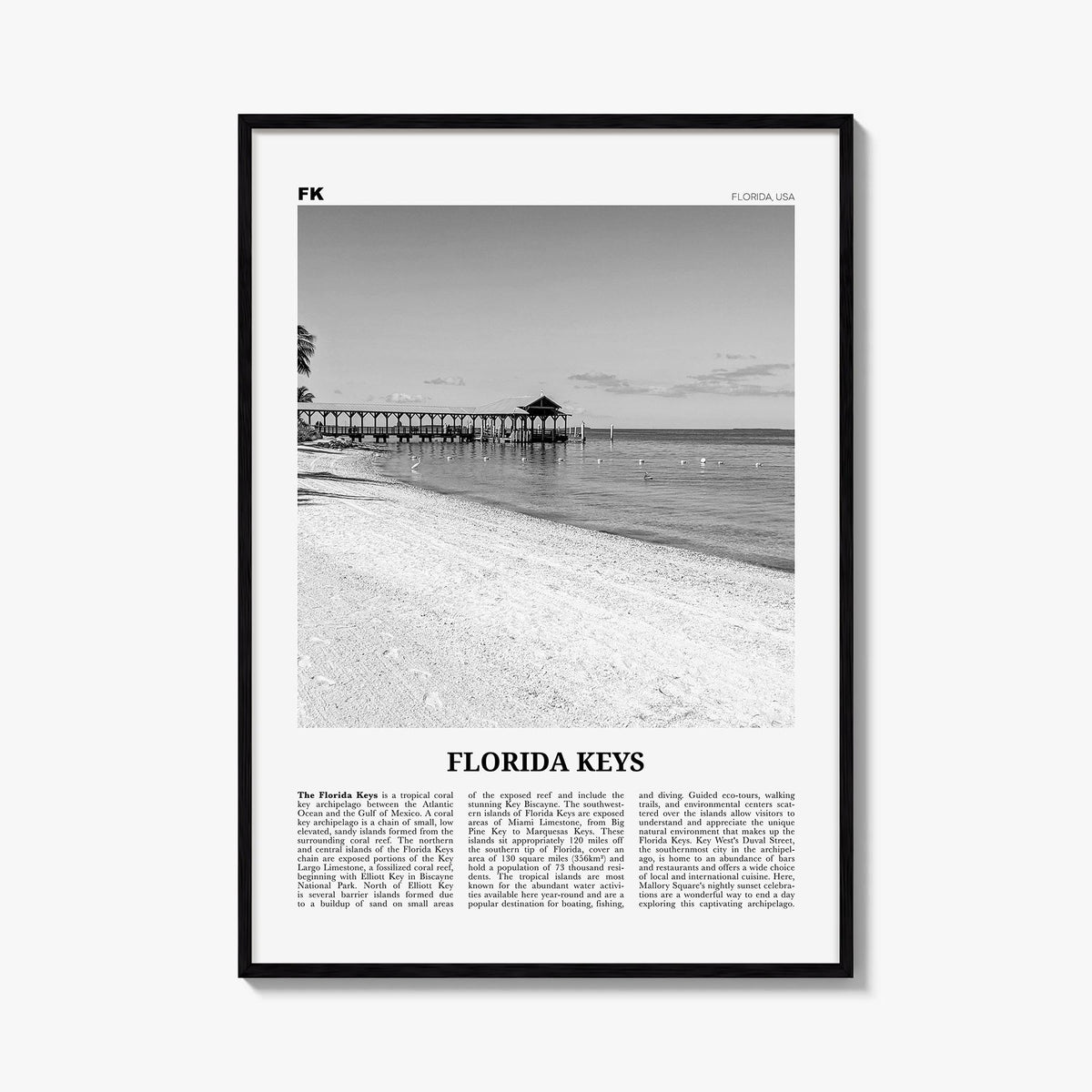 Florida Keys black & white newspaper poster of Florida, USA – vertical wall art, unframed print shown in interior mockup