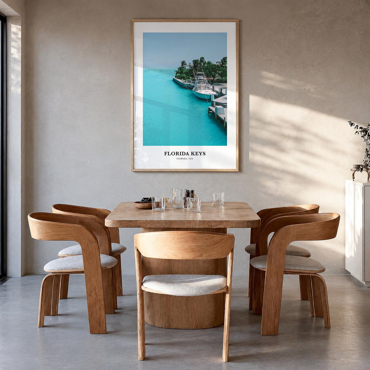 Florida Keys colorful classic poster of Florida, USA – vertical wall art in natural wood frame, hanging on wall