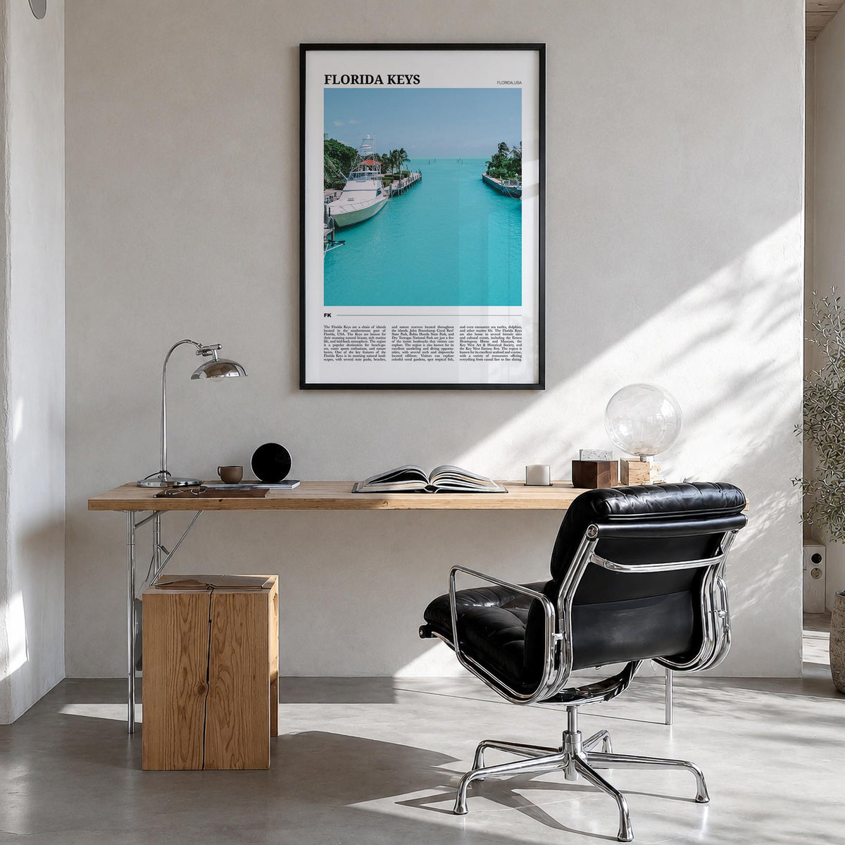 Florida Keys colorful travel poster of Florida, USA – vertical wall art in black wood frame, hanging on wall
