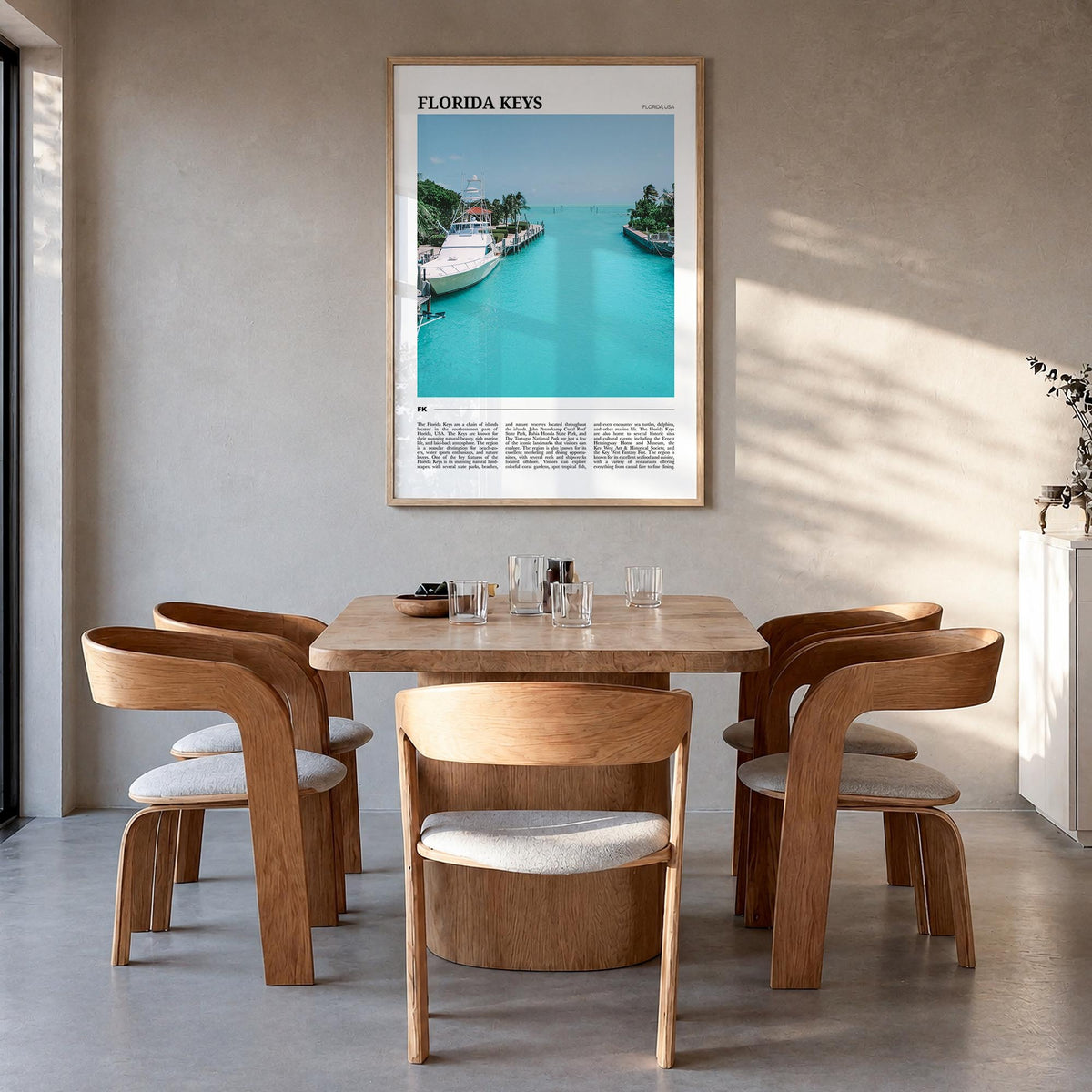 Florida Keys colorful travel poster of Florida, USA – vertical wall art in natural wood frame, hanging on wall