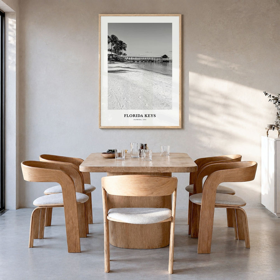 Florida Keys Classic Poster in a natural wood frame, hanging in a dining room