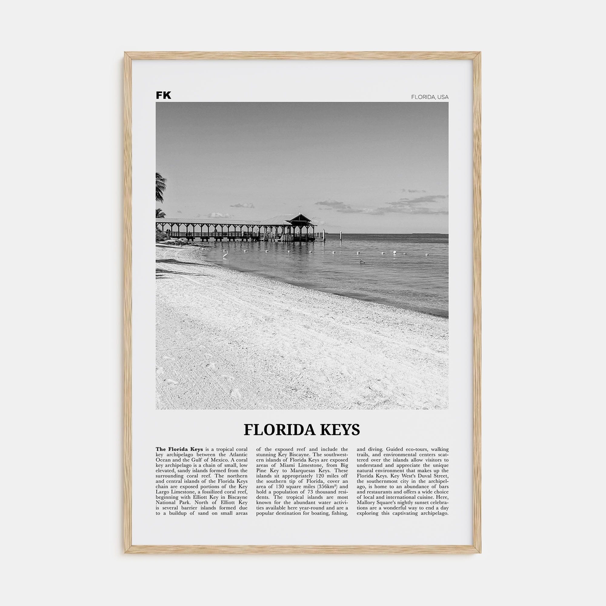 Florida Keys Poster Natural Wood / 8x12 in Nbourhood Travel B&W Poster