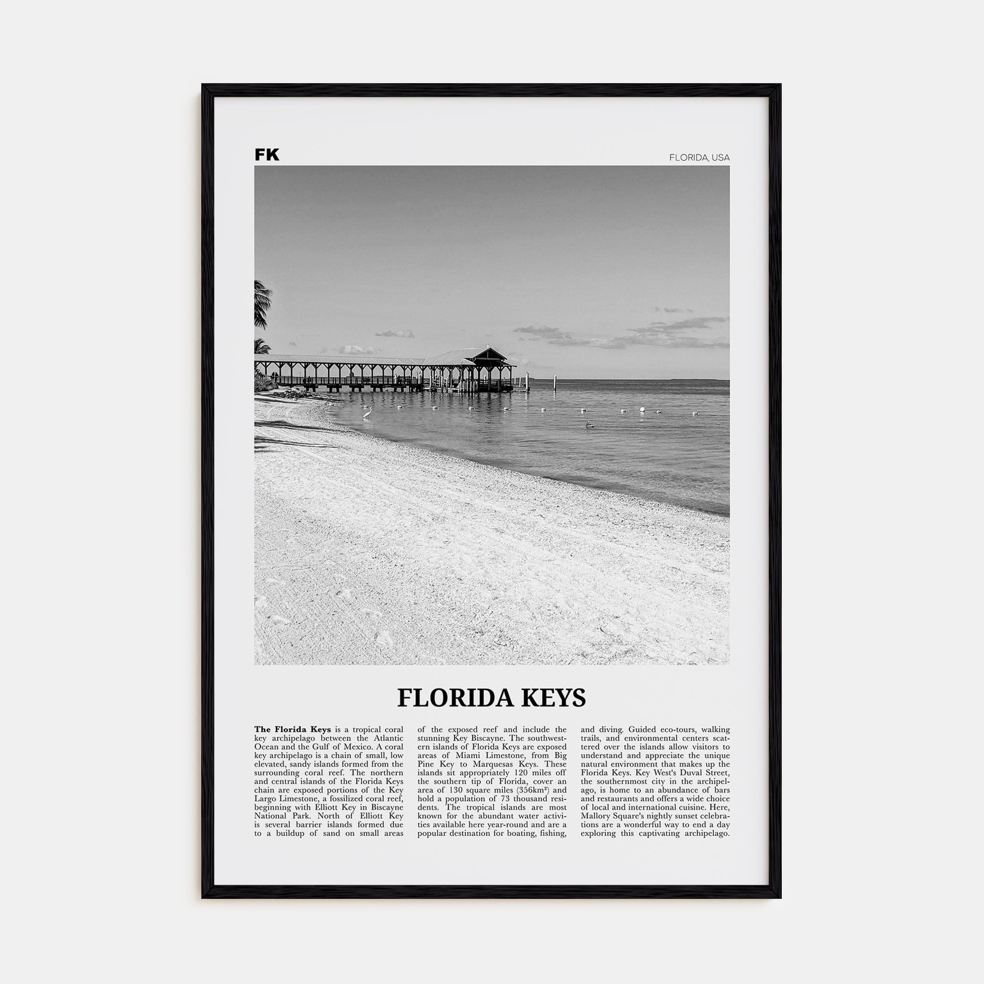 Florida Keys Poster Black Wood / 8x12 in Nbourhood Travel B&W Poster