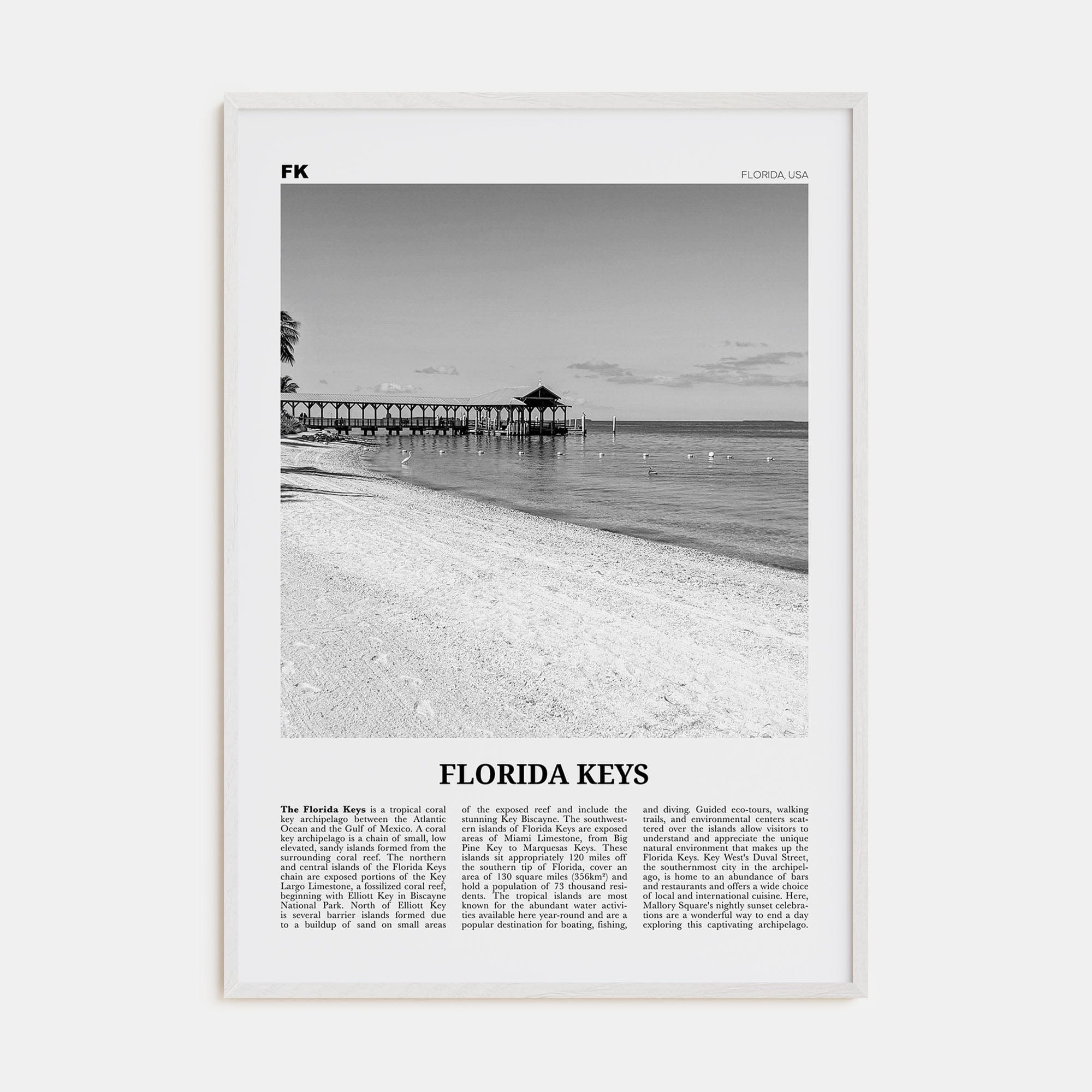 Florida Keys Poster White Wood / 8x12 in Nbourhood Travel B&W Poster