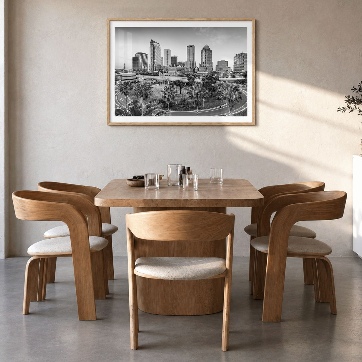 Florida Photo Poster in a natural wood frame, hanging in a dining room, white border