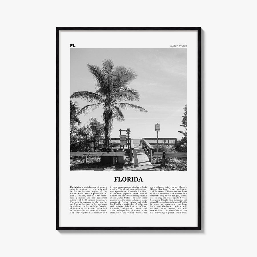 Florida no. 1 black & white newspaper poster of United States – vertical wall art, unframed print shown in interior mockup