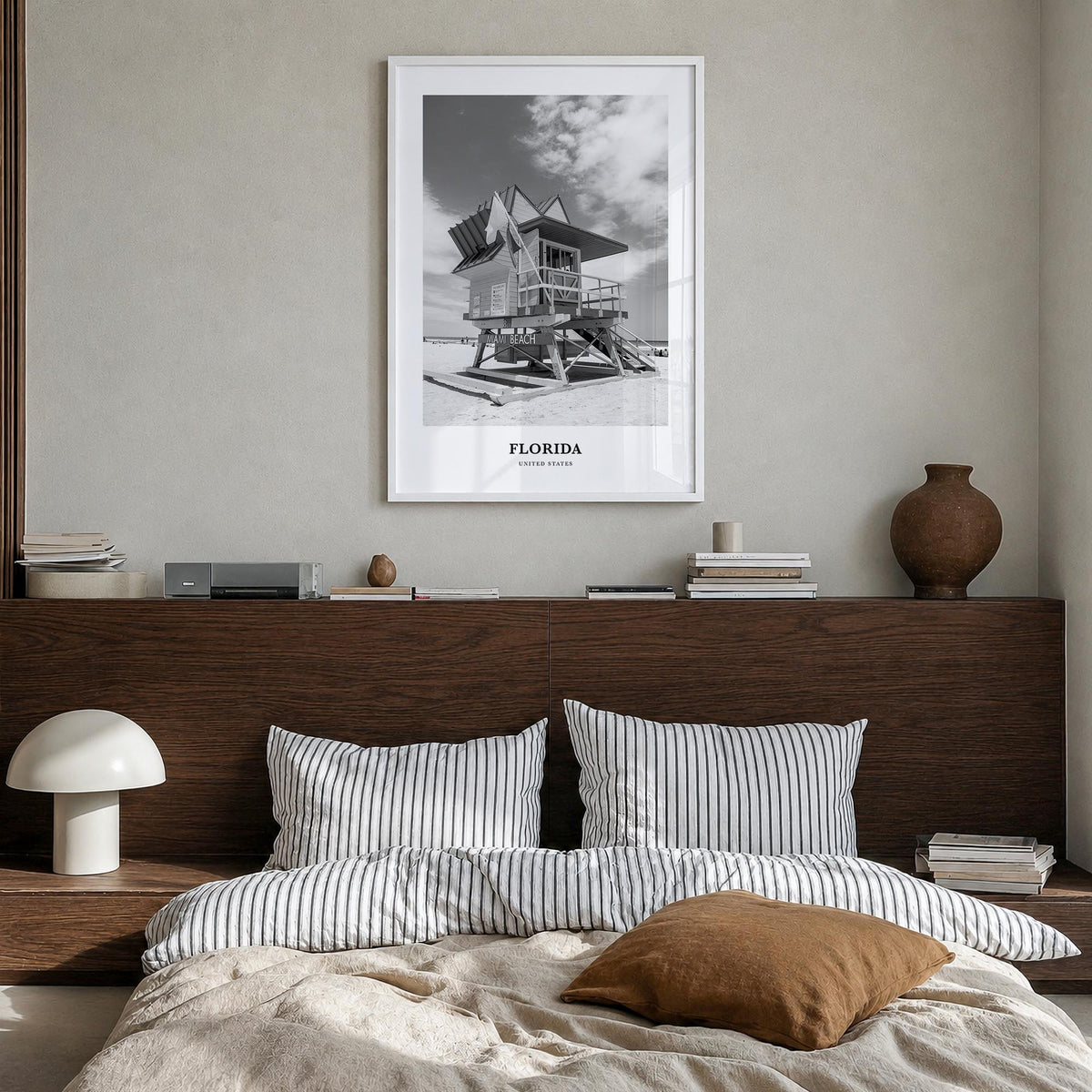 Florida no. 2 black & white classic poster of United States – vertical wall art in white wood frame, hanging on wall