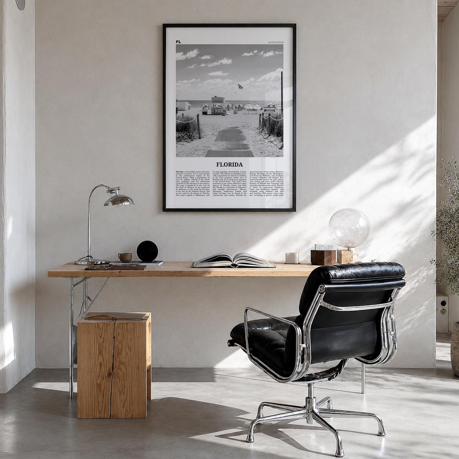 Florida no. 2 black & white newspaper poster of United States – vertical wall art in black wood frame, hanging on wall
