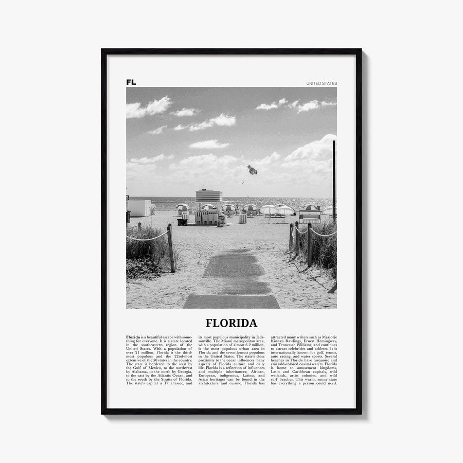 Florida no. 2 black & white newspaper poster of United States – vertical wall art, unframed print shown in interior mockup