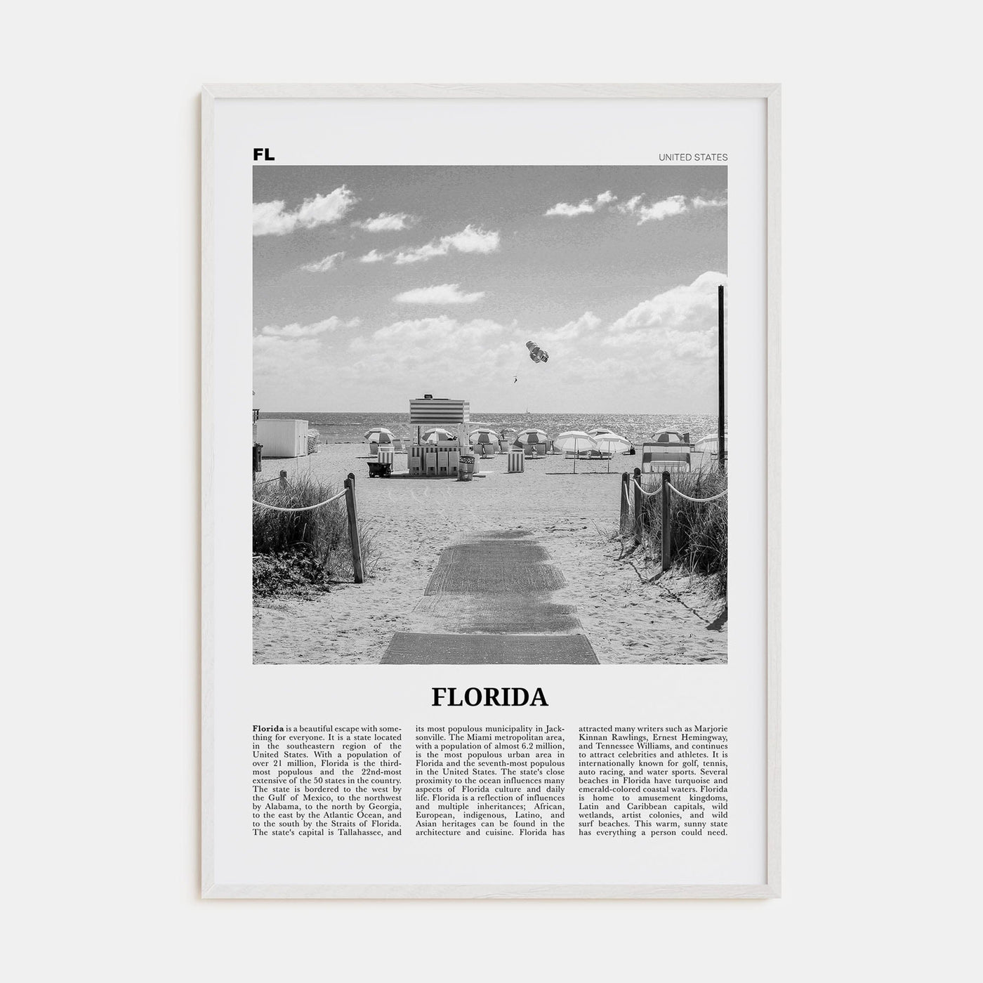 Florida No 2 Poster White Wood / 8x12 in Nbourhood Travel B&W Poster