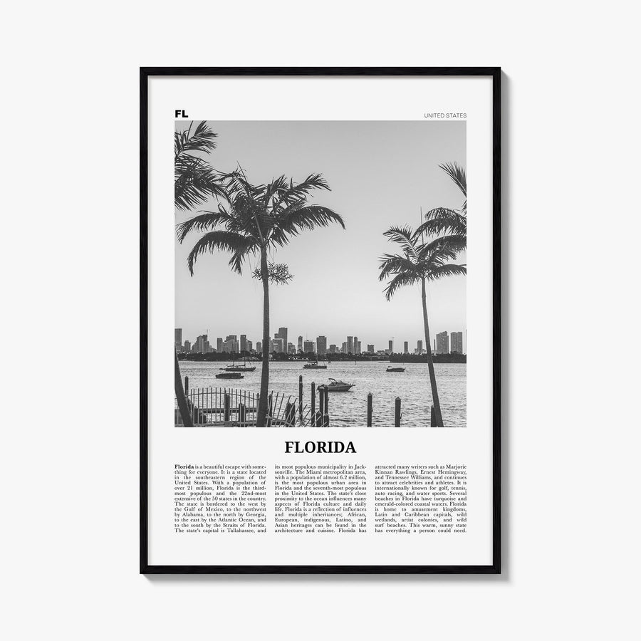 Florida no. 3 black & white newspaper poster of United States – vertical wall art, unframed print shown in interior mockup