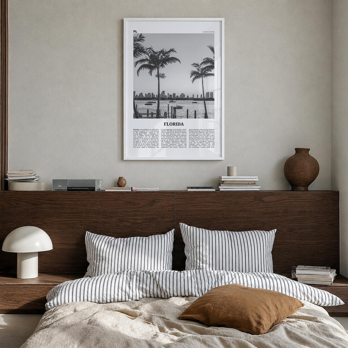 Florida no. 3 black & white newspaper poster of United States – vertical wall art in white wood frame, hanging on wall