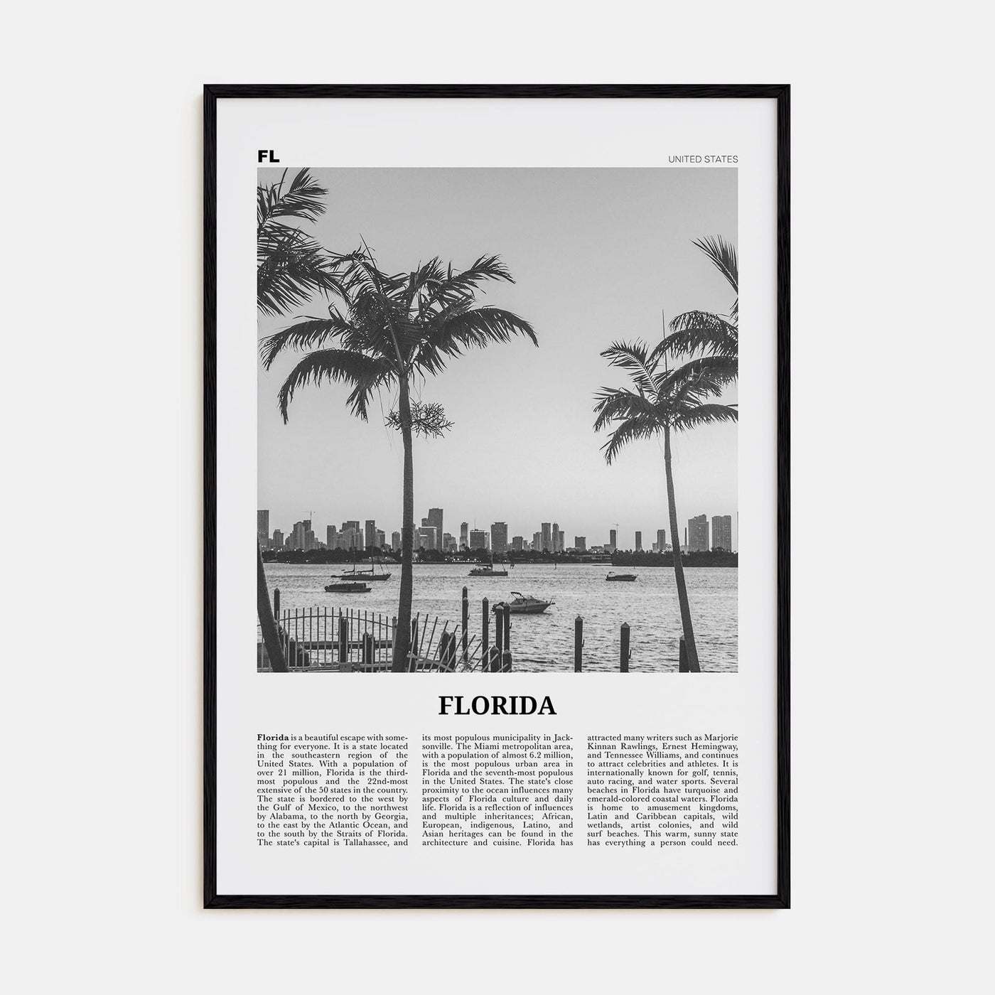 Florida No 3 Poster Black Wood / 8x12 in Nbourhood Travel B&W Poster