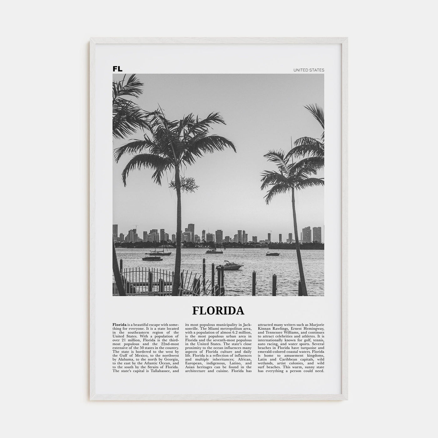 Florida No 3 Poster White Wood / 8x12 in Nbourhood Travel B&W Poster