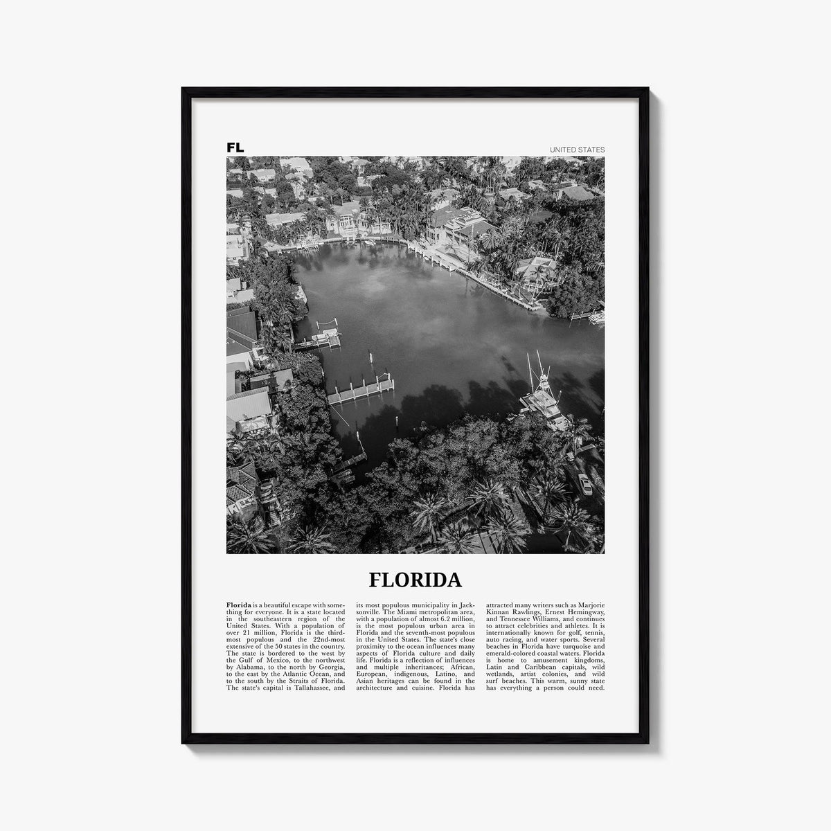 Florida no. 4 black & white newspaper poster of United States – vertical wall art, unframed print shown in interior mockup