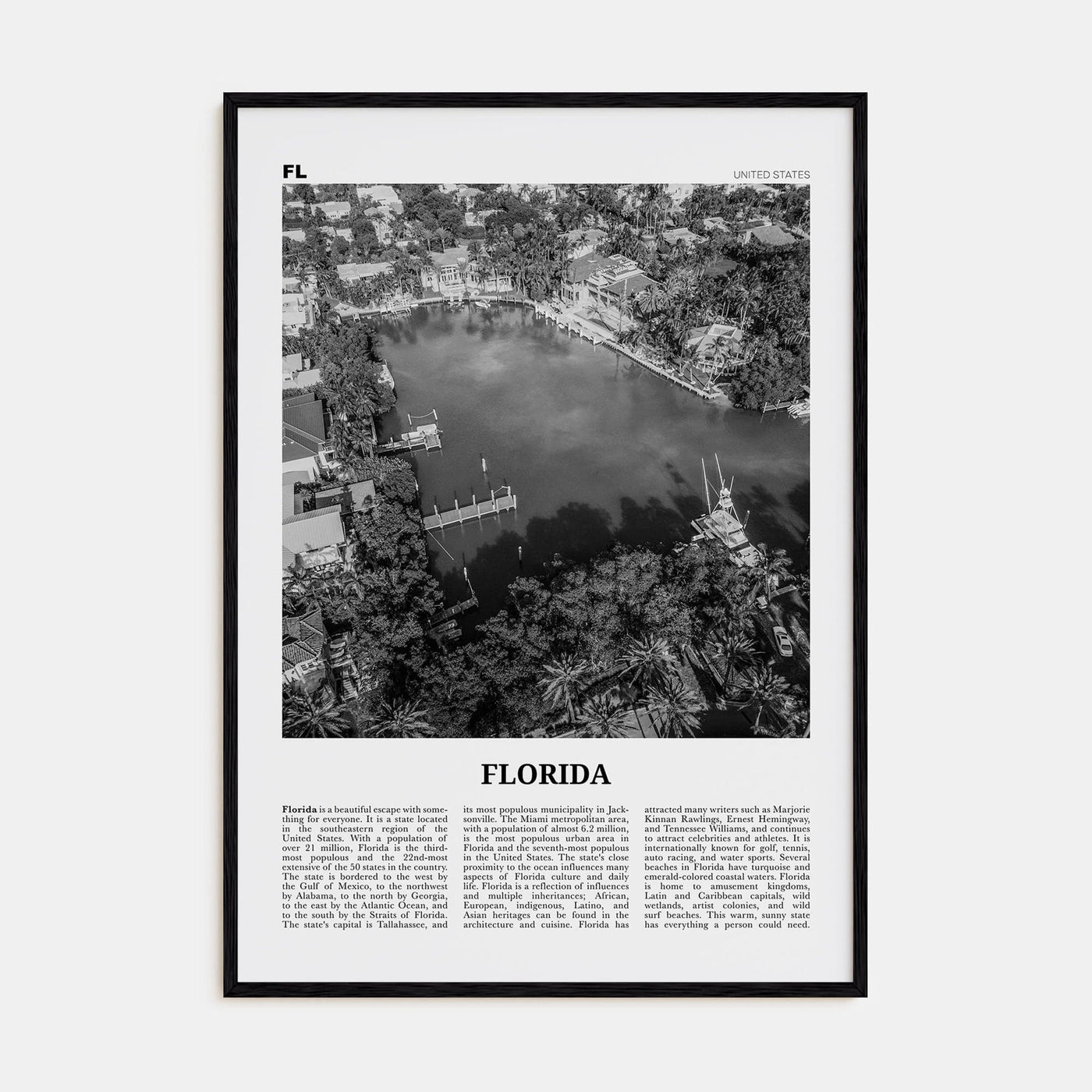 Florida No 4 Poster Black Wood / 8x12 in Nbourhood Travel B&W Poster