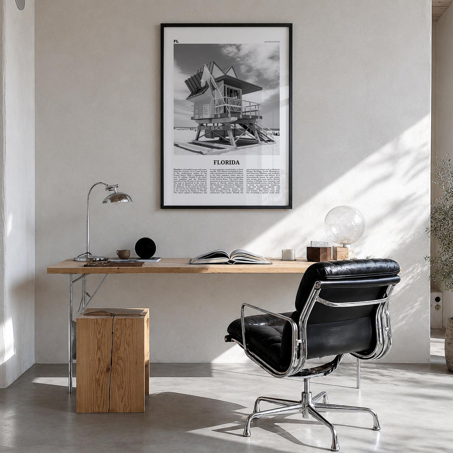 Florida no. 5 black & white newspaper poster of United States – vertical wall art in black wood frame, hanging on wall