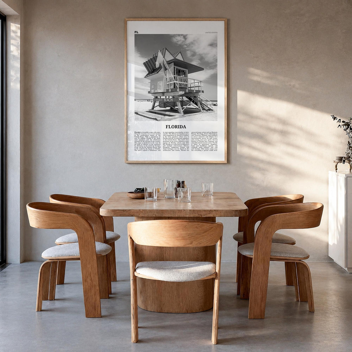 Florida no. 5 black & white newspaper poster of United States – vertical wall art in natural wood frame, hanging on wall