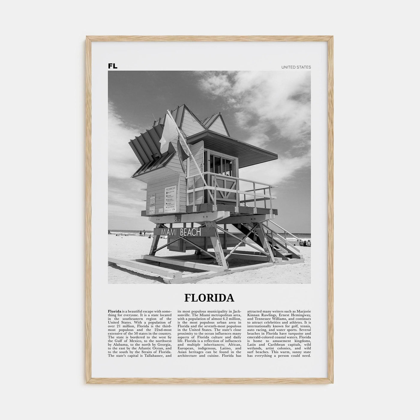 Florida No 5 Poster Natural Wood / 8x12 in Nbourhood Travel B&W Poster