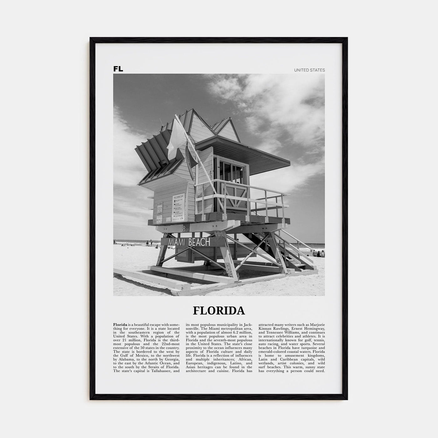 Florida No 5 Poster Black Wood / 8x12 in Nbourhood Travel B&W Poster