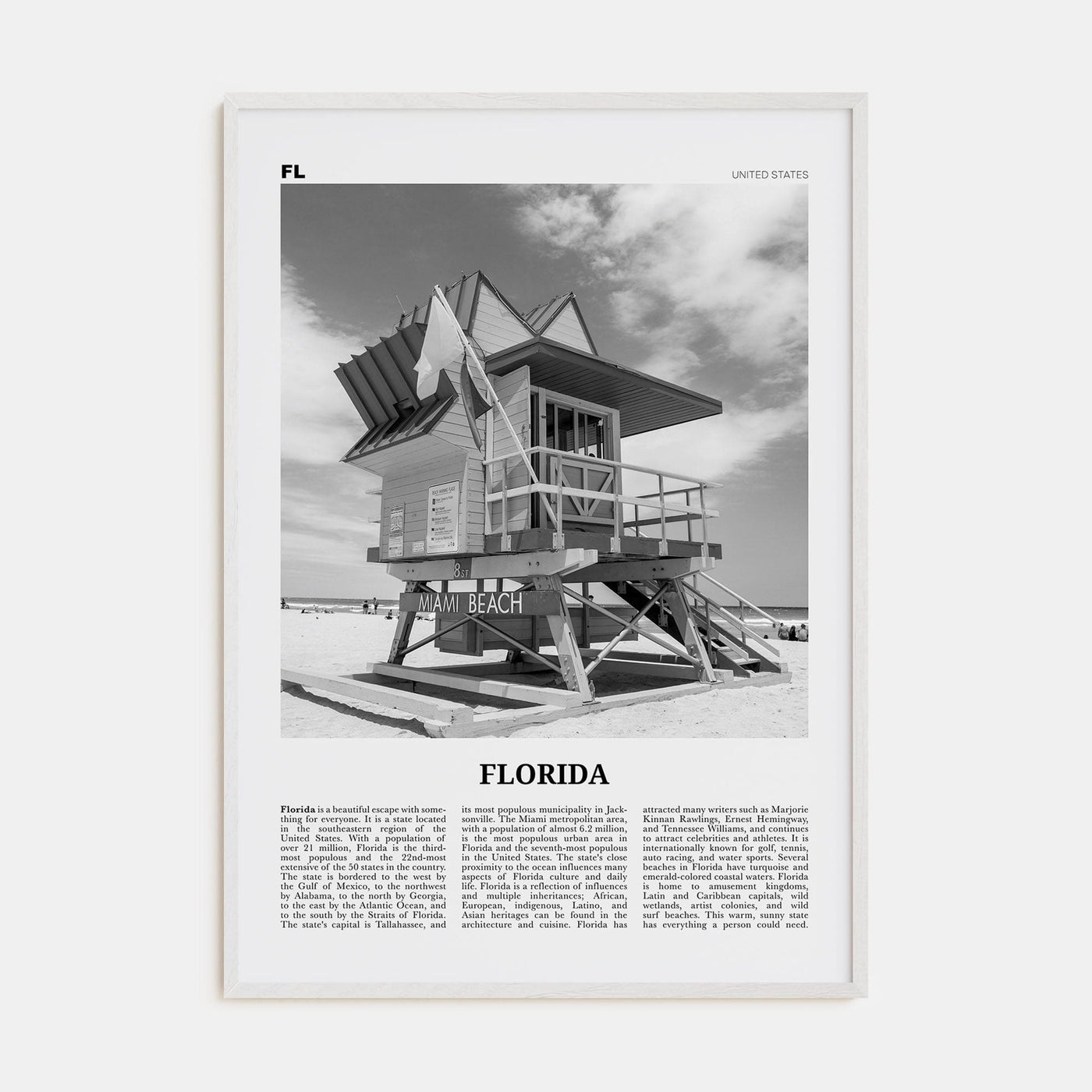 Florida No 5 Poster White Wood / 8x12 in Nbourhood Travel B&W Poster