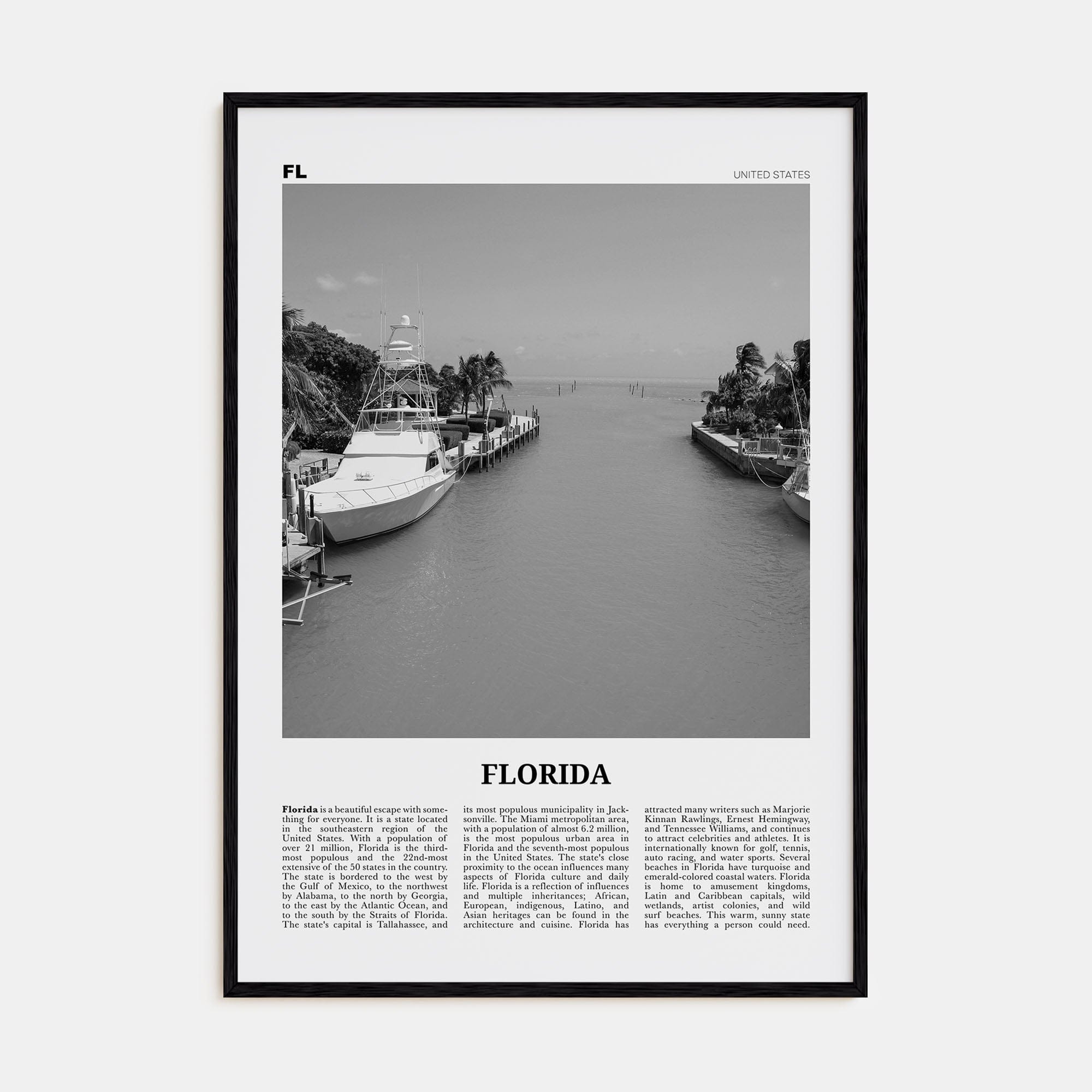 Florida No 6 Poster Black Wood / 8x12 in Nbourhood Travel B&W Poster