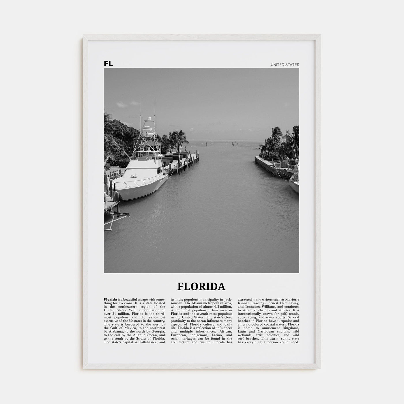 Florida No 6 Poster White Wood / 8x12 in Nbourhood Travel B&W Poster