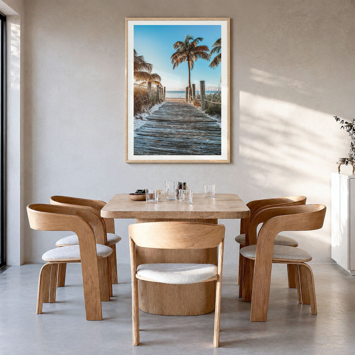 Florida Photo No 1 Poster in a natural wood frame, hanging in a dining room, white border