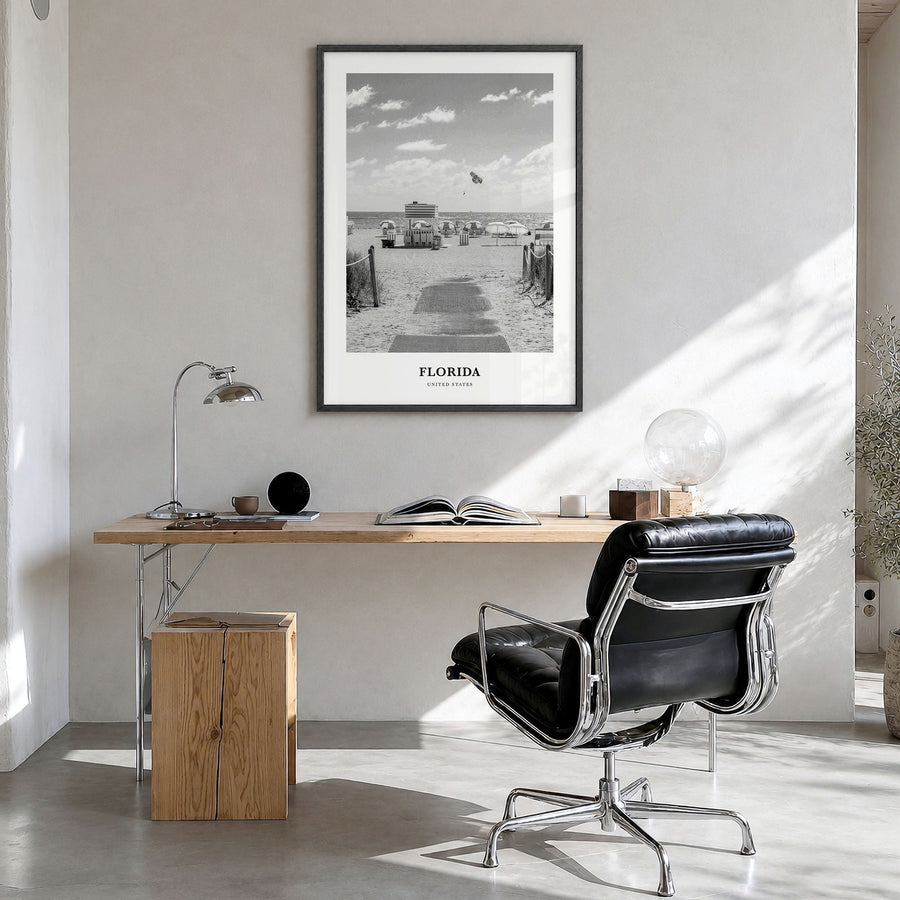 Florida Classic No 1 Poster in a black wood frame, hanging in a bright home office